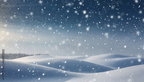 beautiful ultrawide background image of light snowfall falling over of snowdrifts