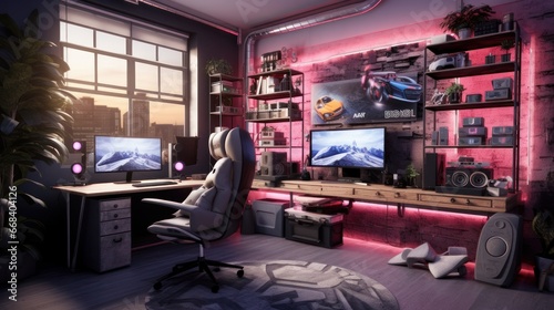 Gamer room setup with simple design and light colors