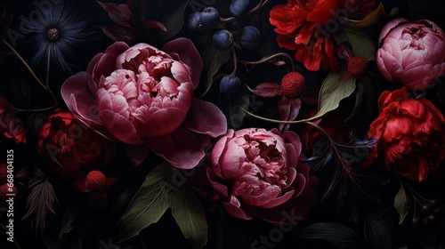 Painterly floral illustration, decadent peony flower arrangement inspired by Baroque and Dutch Golden Age art styles