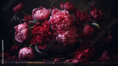 Painterly floral illustration, decadent peony flower arrangement inspired by Baroque and Dutch Golden Age art styles