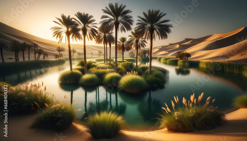 Serene oasis. Palms casting shadows in the desert