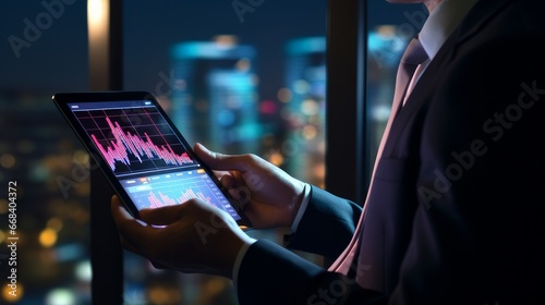 Business man holding tablet and showing holographic graphs and stock market statistics gain profits. Concept of growth planning and business strategy. Display of good economy form digital screen photo