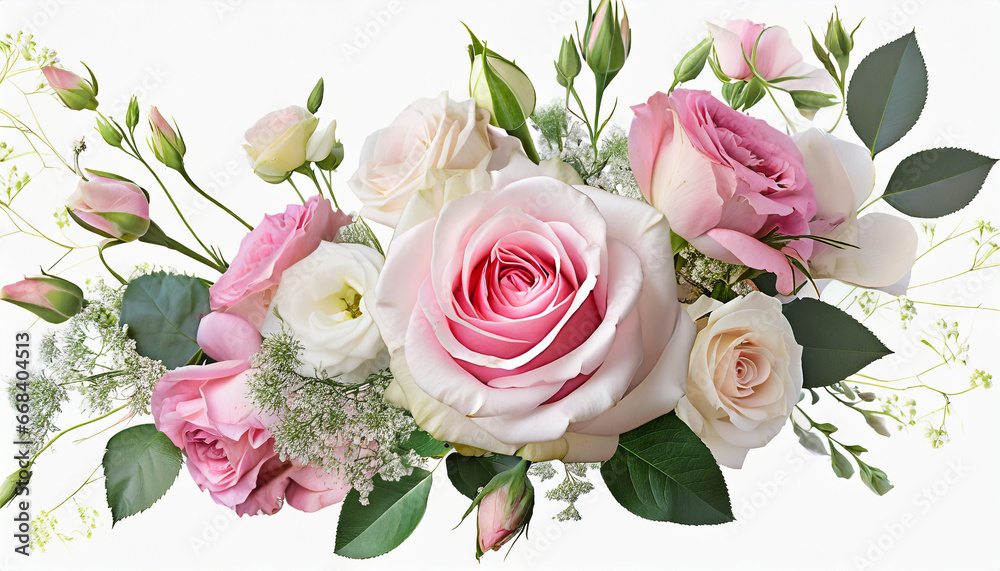 pink rose and eustoma flowers in a corner floral arrangement isolated ...