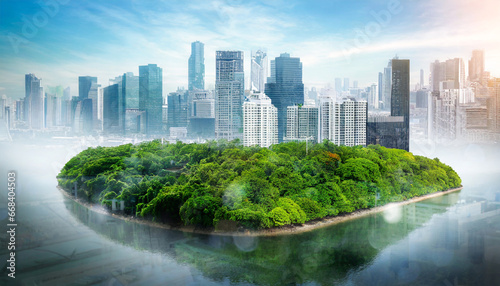 double exposure of island with green forest lush and modern cityscape environmental concept