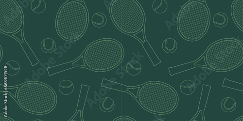 Tennis racket and ball seamless pattern background. Tennis equipment outline illustration. 