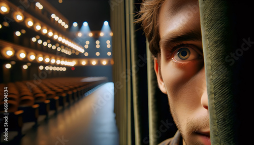 Stage fright concept. Anxious face peeking backstage behind the curtain, gazing at an empty theatre photo