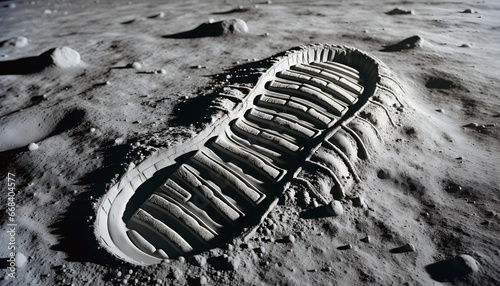 Astronaut's boot imprint on the surface of the moon, closeup photo
