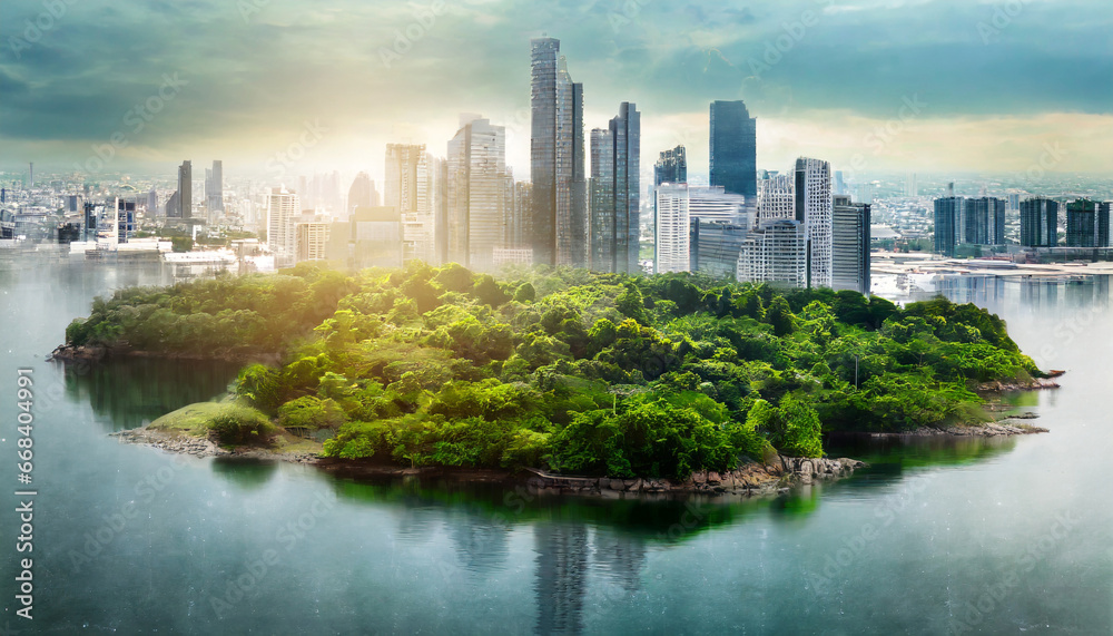double exposure of island with green forest lush and modern cityscape environmental concept