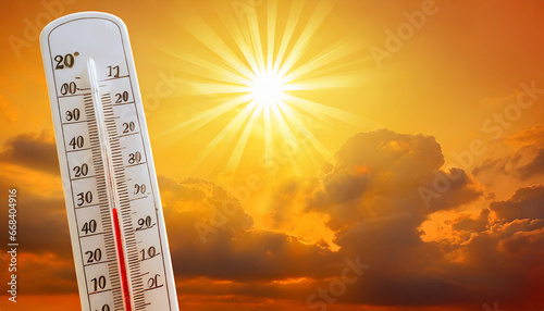 background for a hot summer or heat wave orange sky with with bright sun and thermometer
