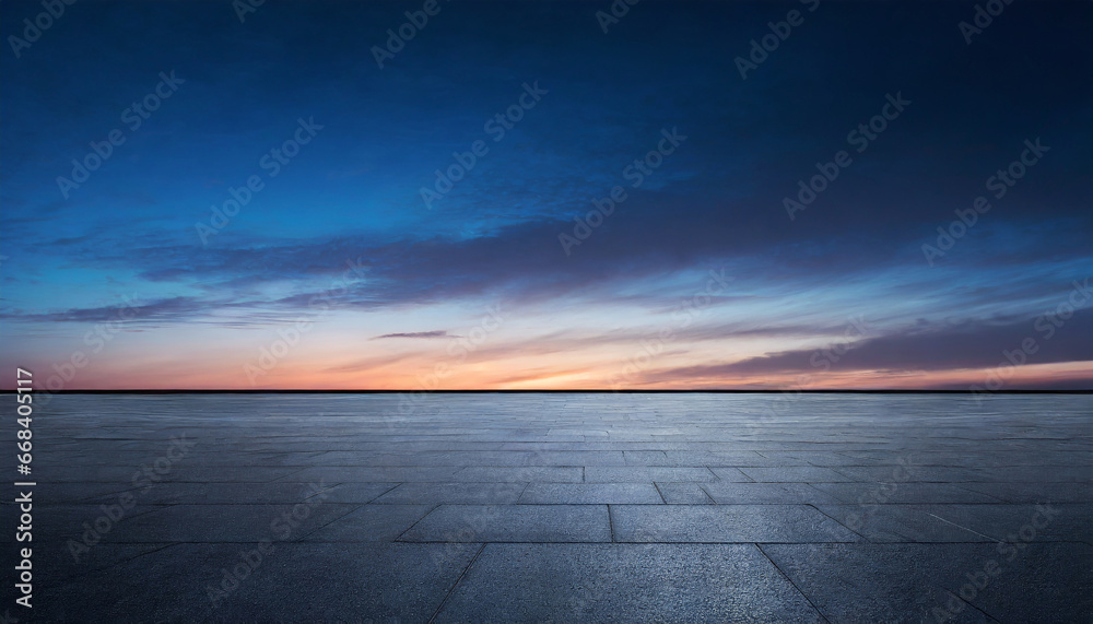 black asphalt floor background and dark blue night sky sunset horizon with subtle clouds - obrazy, fototapety, plakaty 
