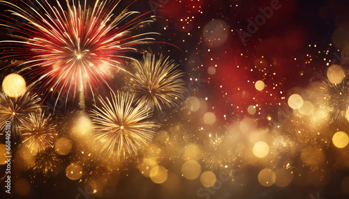 gold and dark red fireworks and bokeh in new year eve and copy space abstract background holiday ai generative