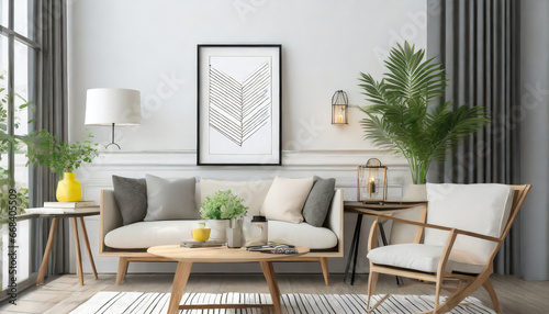 picture frame with line art by a reading coffee table in a living room photo