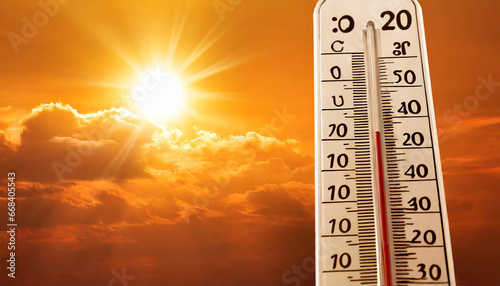 hot summer or heat wave background glowing sun on orange sky with thermometer
