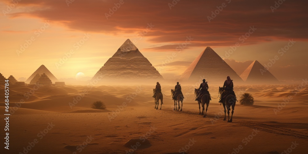 Camel riders positioned against the iconic Pyramids of Giza, epitomizing travel and ancient history. Excellent for educational and travel projects. - obrazy, fototapety, plakaty 