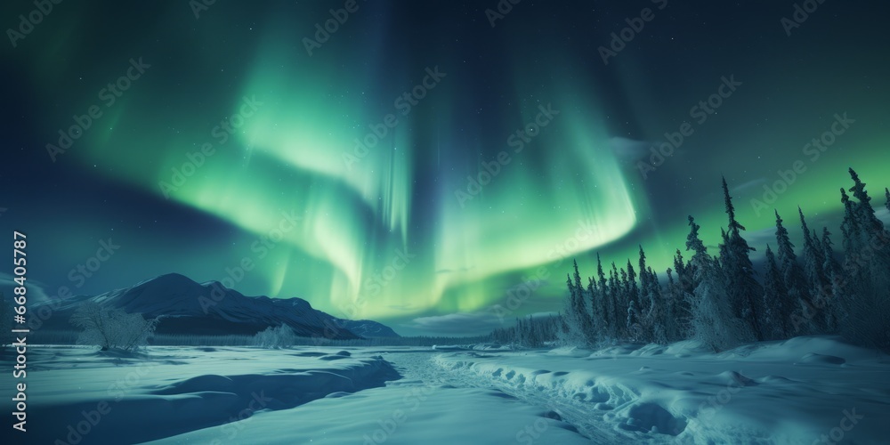 Aurora borealis illuminating a snowy landscape, creating a mesmerizing natural spectacle. Perfect for themes of wonder and natural beauty.