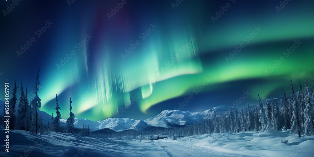 Aurora borealis illuminating a snowy landscape, creating a mesmerizing natural spectacle. Perfect for themes of wonder and natural beauty.