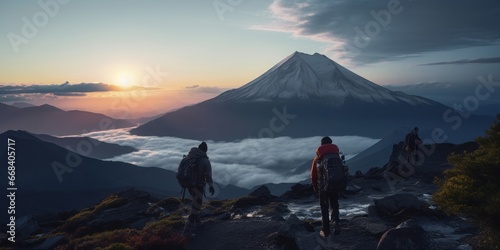 Hikers gazing at a breathtaking sunrise from Mount Fuji, capturing the essence of adventure and natural beauty. Great for travel and outdoor themes. © Kishore Newton