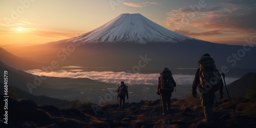 Hikers gazing at a breathtaking sunrise from Mount Fuji, capturing the essence of adventure and natural beauty. Great for travel and outdoor themes.