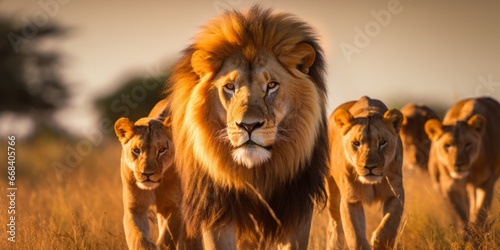 A pride of lions in the Maasai Mara, showcasing wildlife at its most majestic. Ideal for nature and conservation projects.