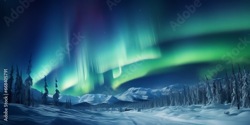 Aurora borealis illuminating a snowy landscape  creating a mesmerizing natural spectacle. Perfect for themes of wonder and natural beauty.