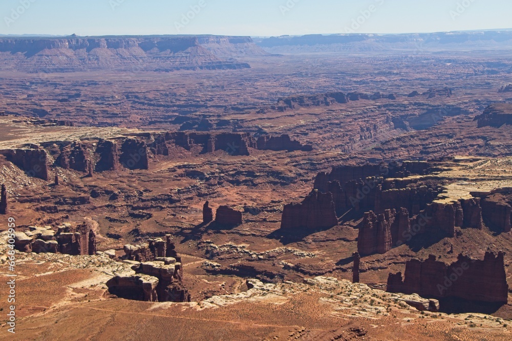 Canyonlands National Park offers breathtaking views of eroded canyons, rocky mesas and strange buttes in the area where the Green River and Colorado River meet in their canyons far below