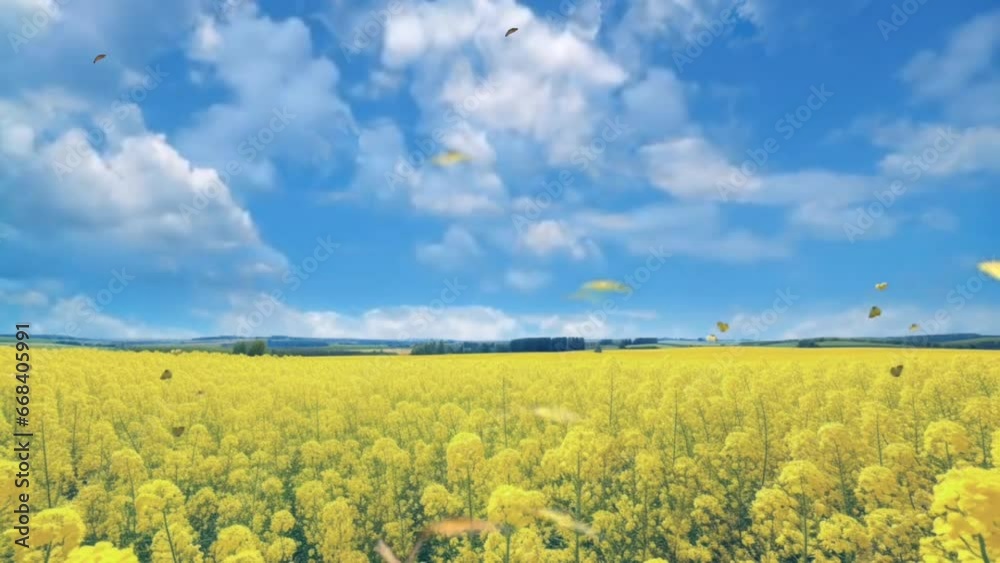Vidéo Stock Yellow rapeseed field in the field and picturesque sky with ...