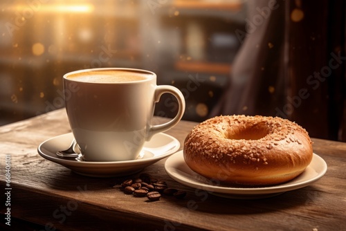 A inviting cup of coffee paired with a fresh bagel, set on a cafe table.
