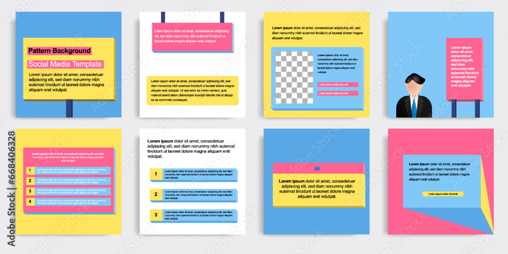 Minimal modern style of social media post banner layout template pack in blue, yellow pastel color combination background with creative text box elements.
