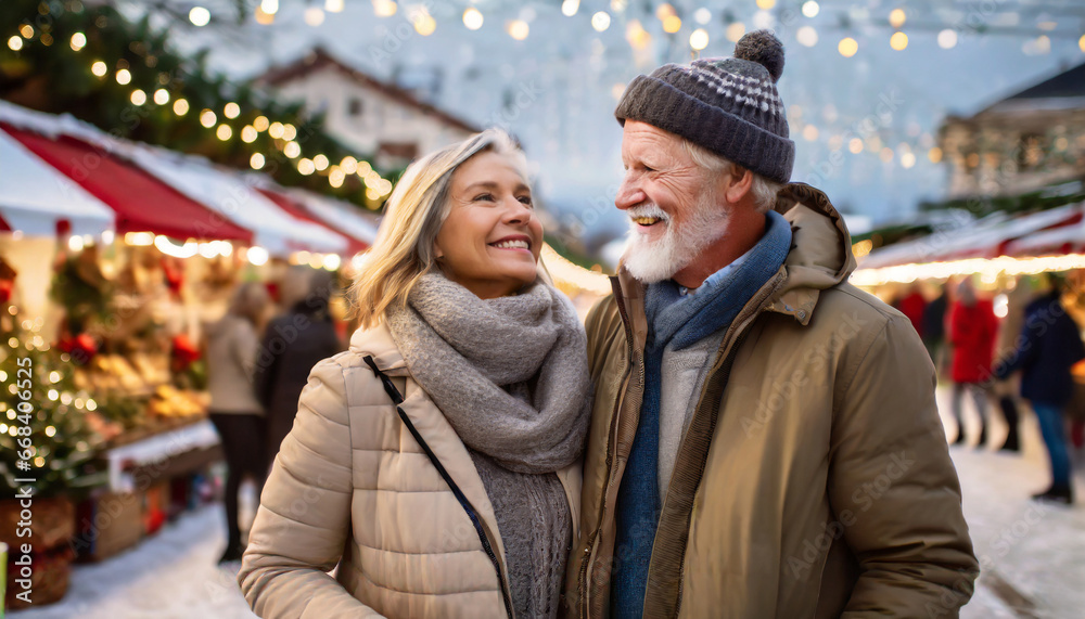 happy senior couple enjoying christmas market