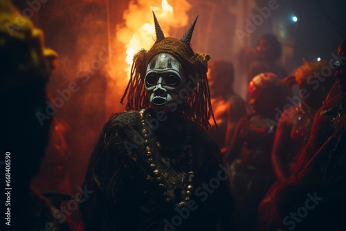 Voodoo performers wearing masks and costumes during rituals, emphasizing the mysterious and theatrical aspects. Generative Ai