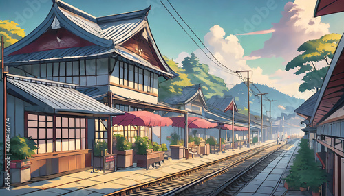 a beautiful japanese village city town in the morning railway station with shop anime comics artstyle cozy lofi asian architecture 16 9 4k resolution generative ai