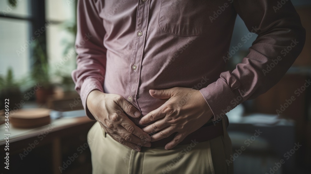 Clutching the stomach in moments of nausea and discomfort Clutching the stomach in moments of nausea and discomfort