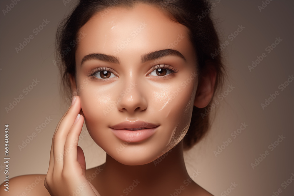 Portrait of young woman with a healthy glowing skin, skincare treatment Portrait of young woman with a healthy glowing skin, skincare treatment