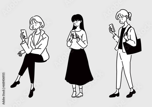 スマートフォンを操作する女性たち。シンプルな線画。スマホを使う女性の全身の挿絵。