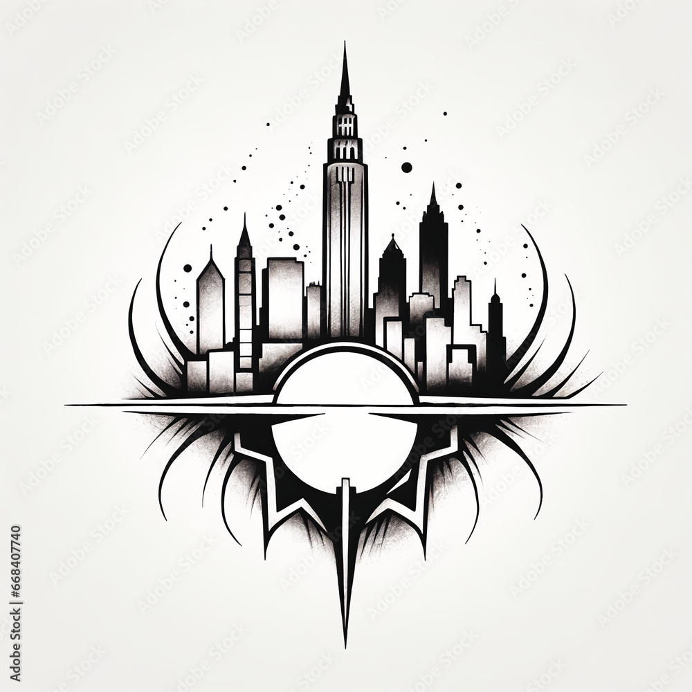 Urban City Skyline Captured in Dynamic Spiky Tattoo Design on White Background Urban City Skyline Captured in Dynamic Spiky Tattoo Design on White Background