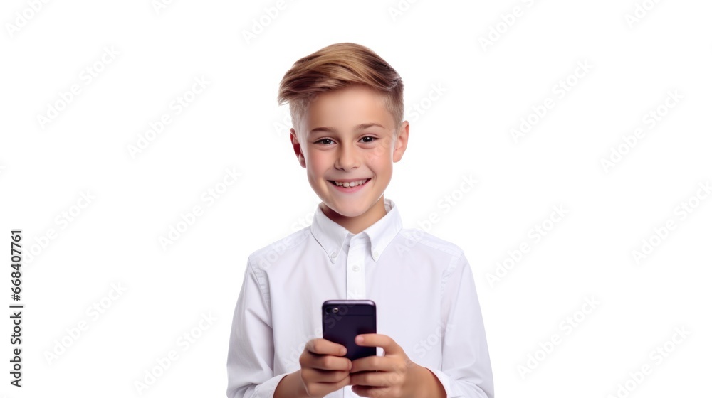 Cute little boy using smartphone isolated over white background. Cute little boy using smartphone isolated over white background.