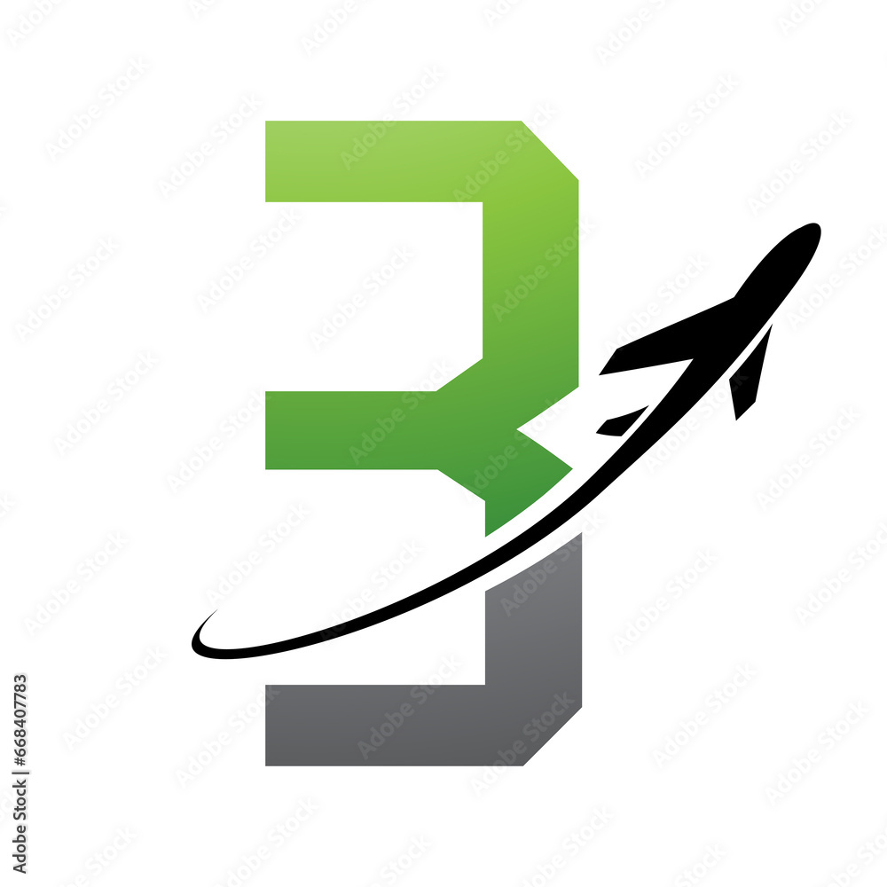 Green and Black Futuristic Letter B Icon with an Airplane