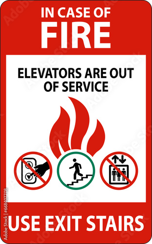 In Case Of Fire Sign Elevators Are Out of Service, Use Exit Stairs