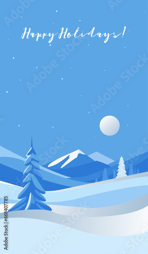 Holiday Season  Snowy Background with Christmas Tree. Winter scene 