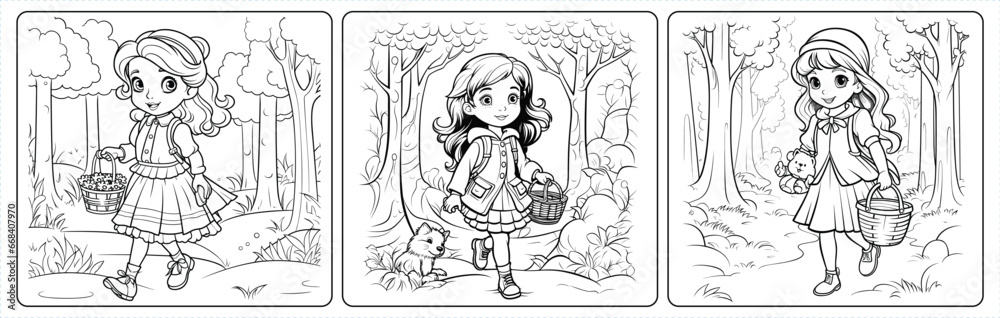 Cute girl with basket walking on the forest coloring book page for kids Cute girl with basket walking on the forest coloring book page for kids