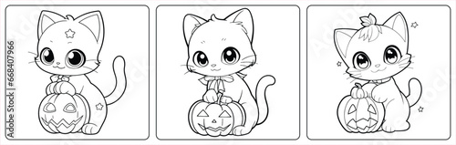 Pumpkin Cat Halloween coloring book page, illustration for the children