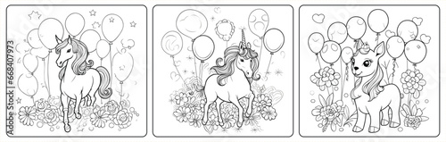 Unicorn and balloons happy birthday coloring book pages   illustration for the children
