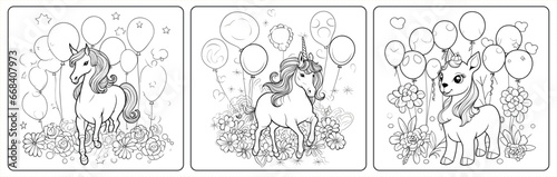 Unicorn and balloons happy birthday coloring book pages,  illustration for the children