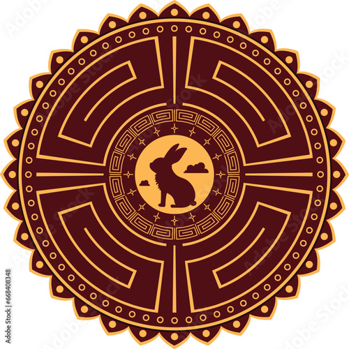 Mandala background pattern vector: rabbit, Asian art zone Red and gold tones Represents good luck and wealth.