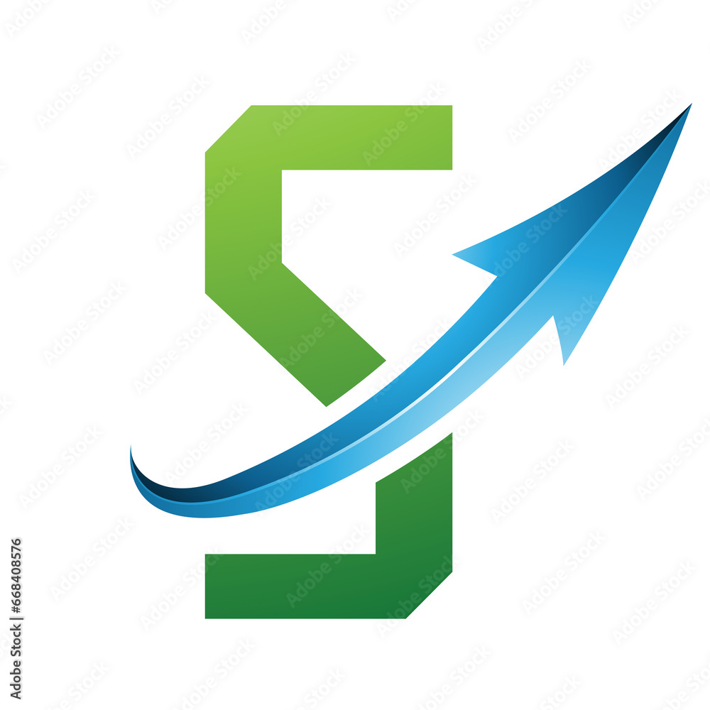 Green and Blue Futuristic Letter S Icon with a Glossy Arrow Green and Blue Futuristic Letter S Icon with a Glossy Arrow