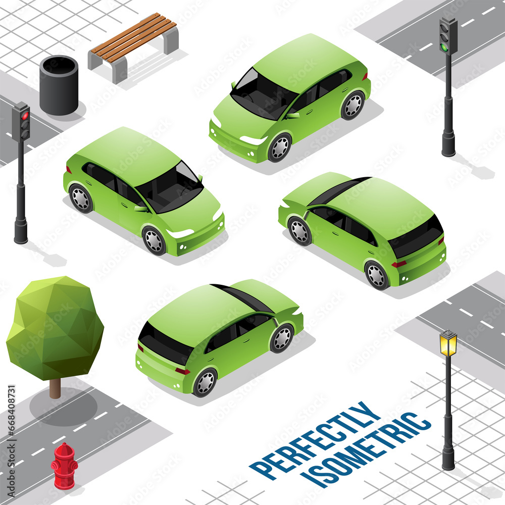 Green Small Isometric Car from Front Back Right and Left Green Small Isometric Car from Front Back Right and Left