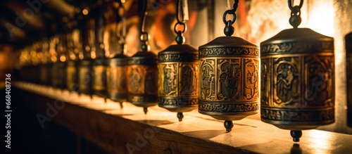 Metal buddhist prayer wheels with Om mani padme hum mantra in Tsuglagkhang complex Dalai Lama residence in Mcleodganj Himachal Pradesh India