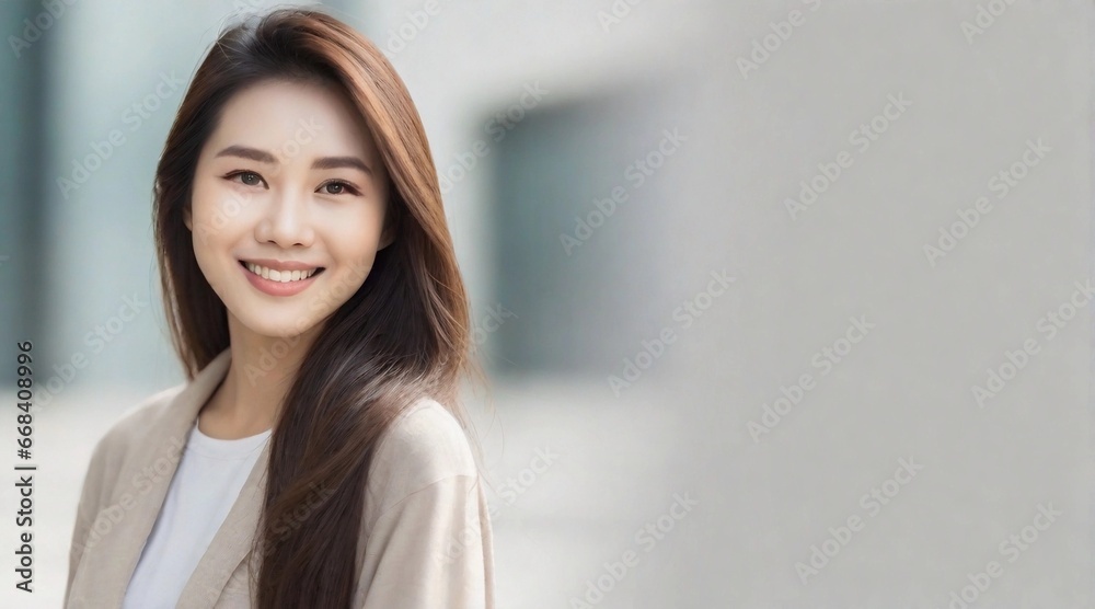 beautiful smiling asian female portrait with space for text on the side, background image, AI generated