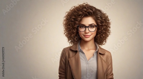 beautiful curly brown hair female wearing glasses portrait with space for text, background image, AI generated