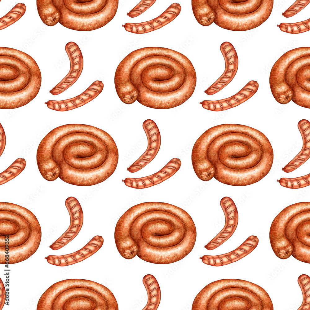 Set of watercolor illustrations of a pattern of fried sausages. Traditional snack for picnic, festival, Oktoberfest. Isolated on a white background. Ideal food concept, packaging design, cafe, 